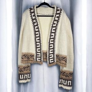 Handmade Chunky Knit Cardigan Cream Brown Geometric Fair Isle Open Front Sweater